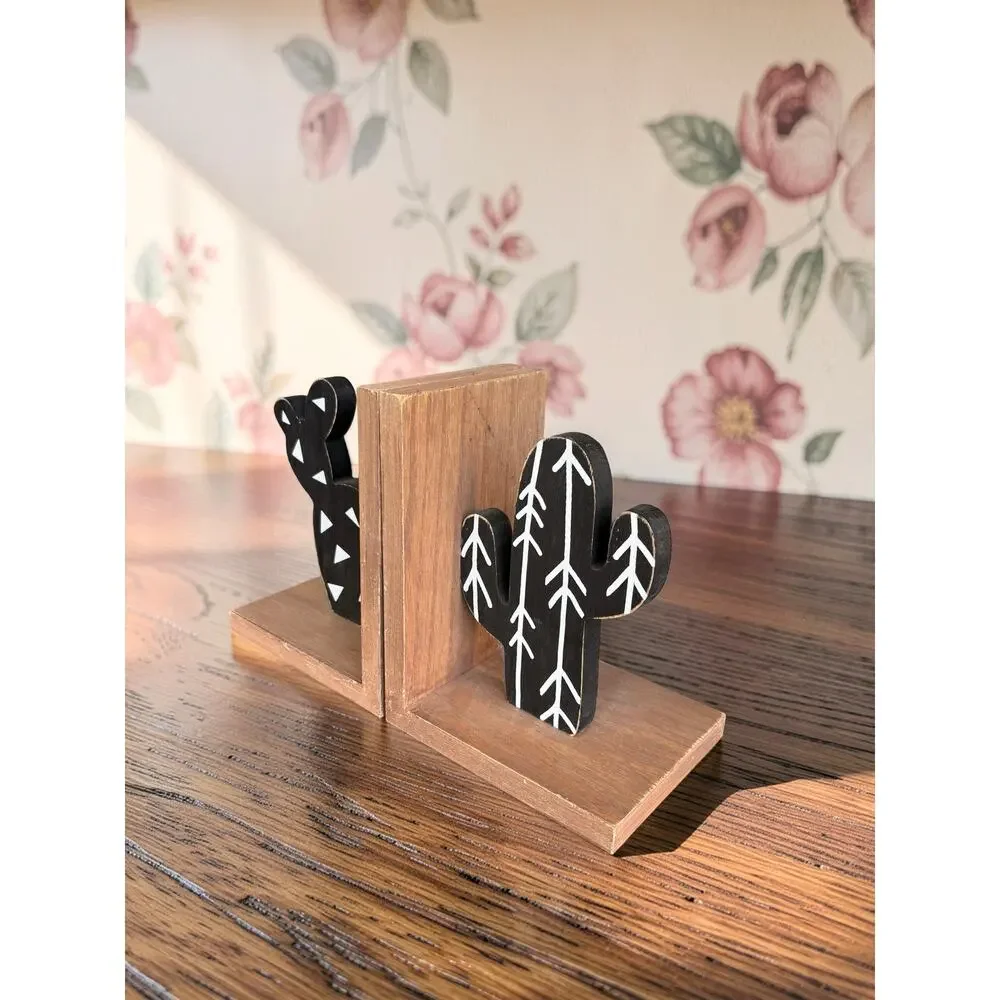 Wood Cactus Bookends Set of 2 Black White Southwestern Boho Desert Decor